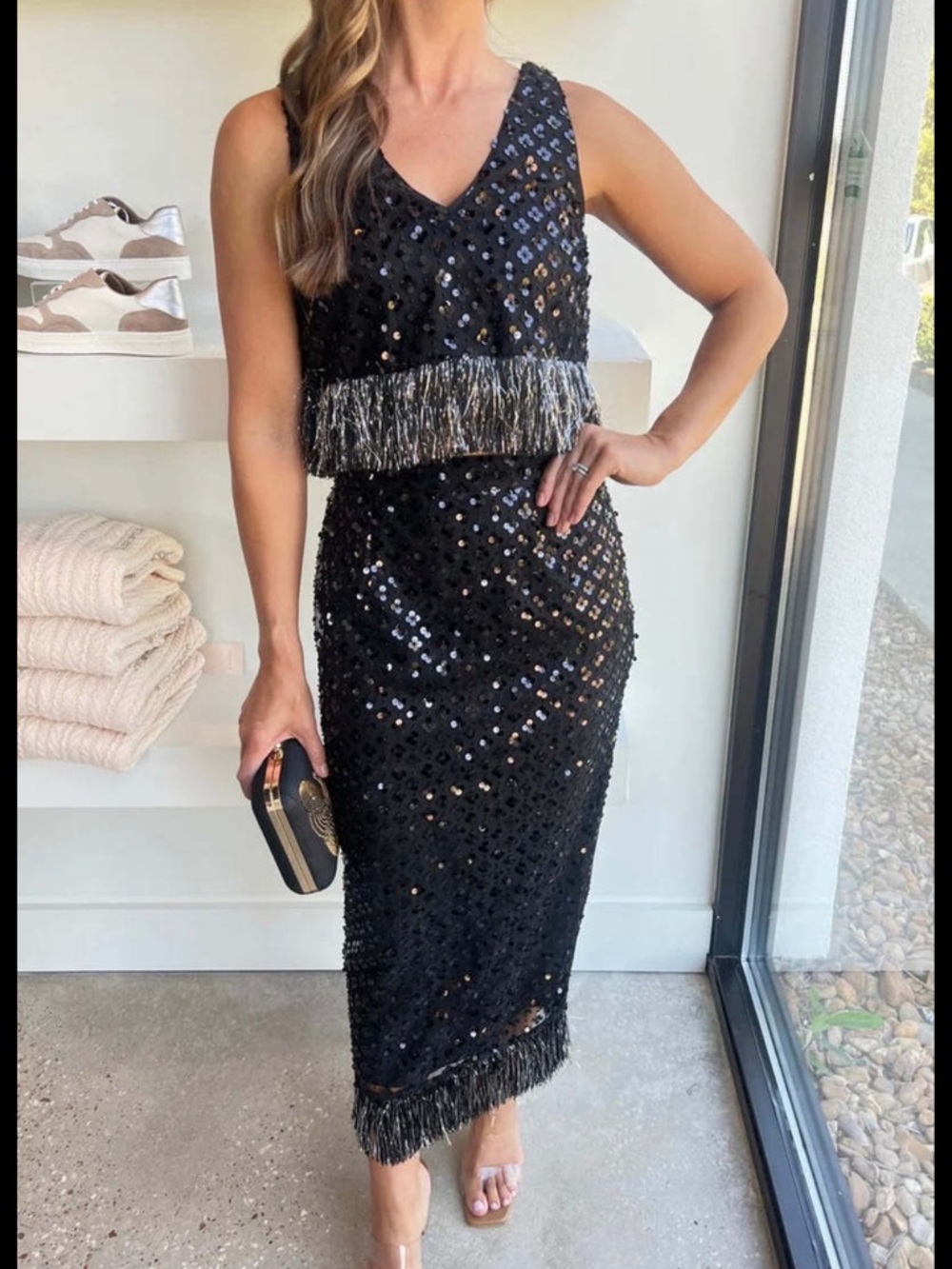 SAYLOR Black Sequined Top and Skirt Set